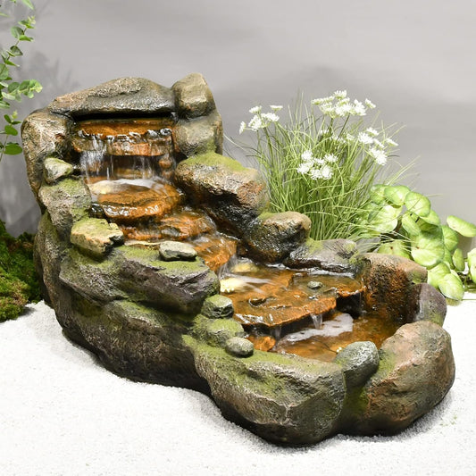 Garden Outdoor Water Fountain, 42.1" L Floor Standing Tiered Rock Outdoor Fountains with LED Lights and Pump for Garden, Backyard, Deck, Patio, Porch and Home Art Decor