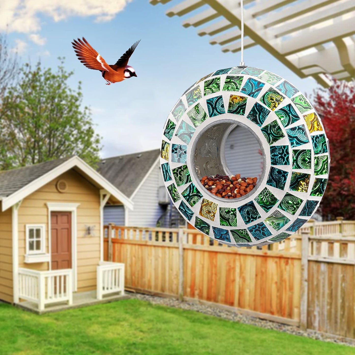 Yinns Bird Feeder - Fly Through Birds Feeder for Outside, Hanging Mosaic Glass Birdfeeder for Outdoors Circle Wild Bird Seed Container, 7-inch Green