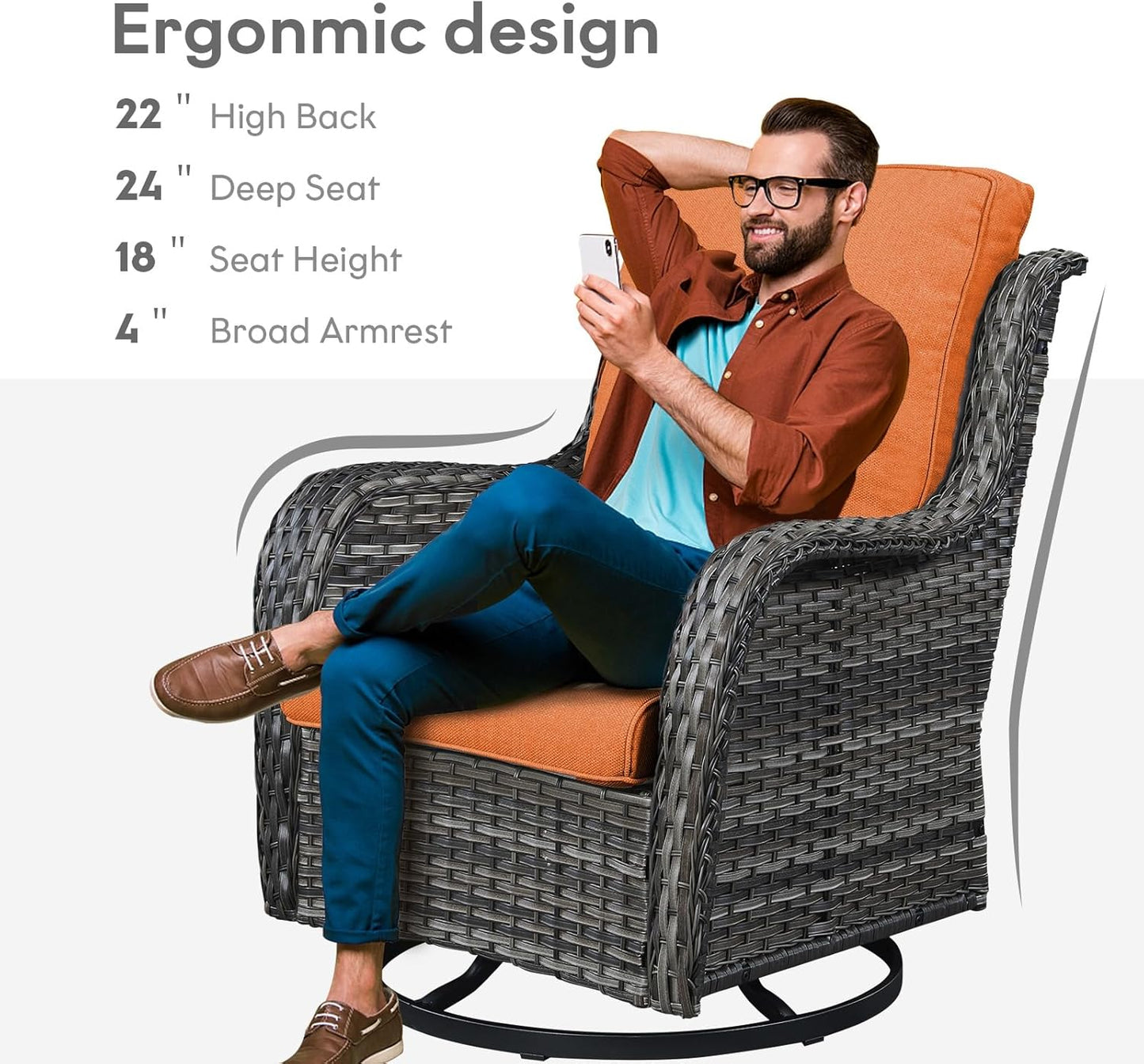 Outdoor Swivel Rocker Wicker Chairs Set of 3, High Back Swivel Patio Chairs Wicker Furniture Set, 2 PCS Rattan Swivel Rocking Chair with Side Table, Orange Cushion