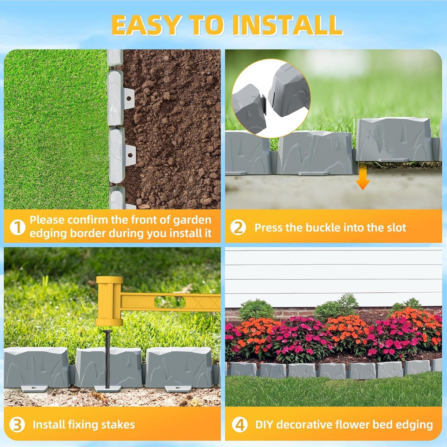 8Pcs Landscape Edging(12 FT) 24 Spikes - Faux Stone Edging Border for Garden, Flower Beds, Lawn & Pathways | 12" L x 3" H | Faux Stone Edging for Landscaping Outdoor (Grey)