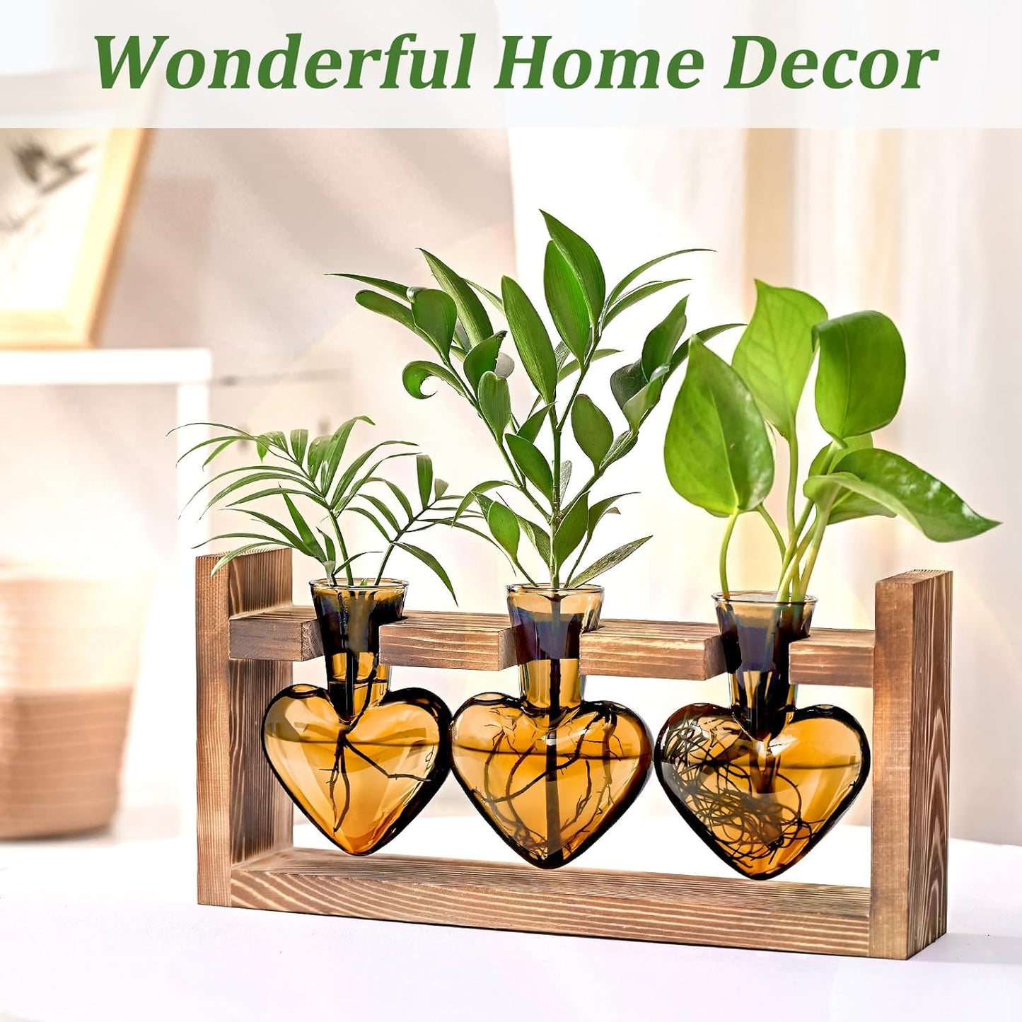 Lifecapido Heart Shaped Propagation Stations, Plant Terrarium with Wooden Stand, Plant Propagation Station for Hydroponics Plants Office Garden Home Decor, Gifts for Women Plant Lover (3 Vases, Amber)