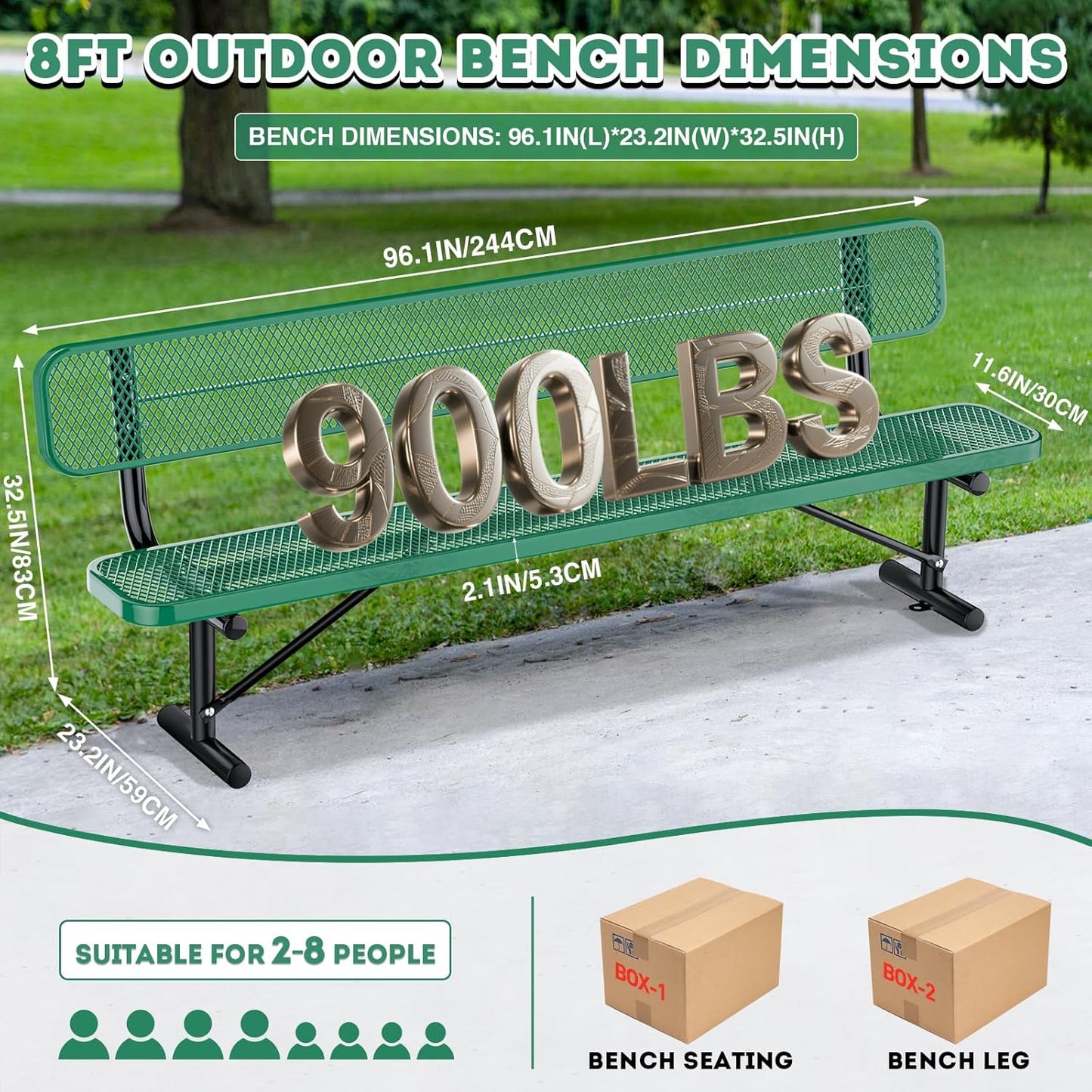 Outdoor Garden Bench, Cast Iron Metal Frame Patio Park Bench with Backrest, Portable Expanded Metal Black Bench, Commercial-Grade Outdoor Seating for Lawn, Patio, Park, Yard, Garden (Green, 8FT/96'')