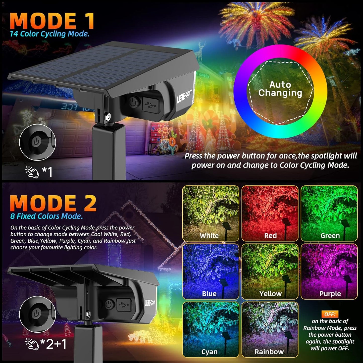 Color Solar Lights Outdoor Waterproof Spotlights with 9 Light Modes, Color Changing Outdoor Light for Decorate Festivals, Colored Solar Spot Lights Auto On/Off, RGBW 6 Pack