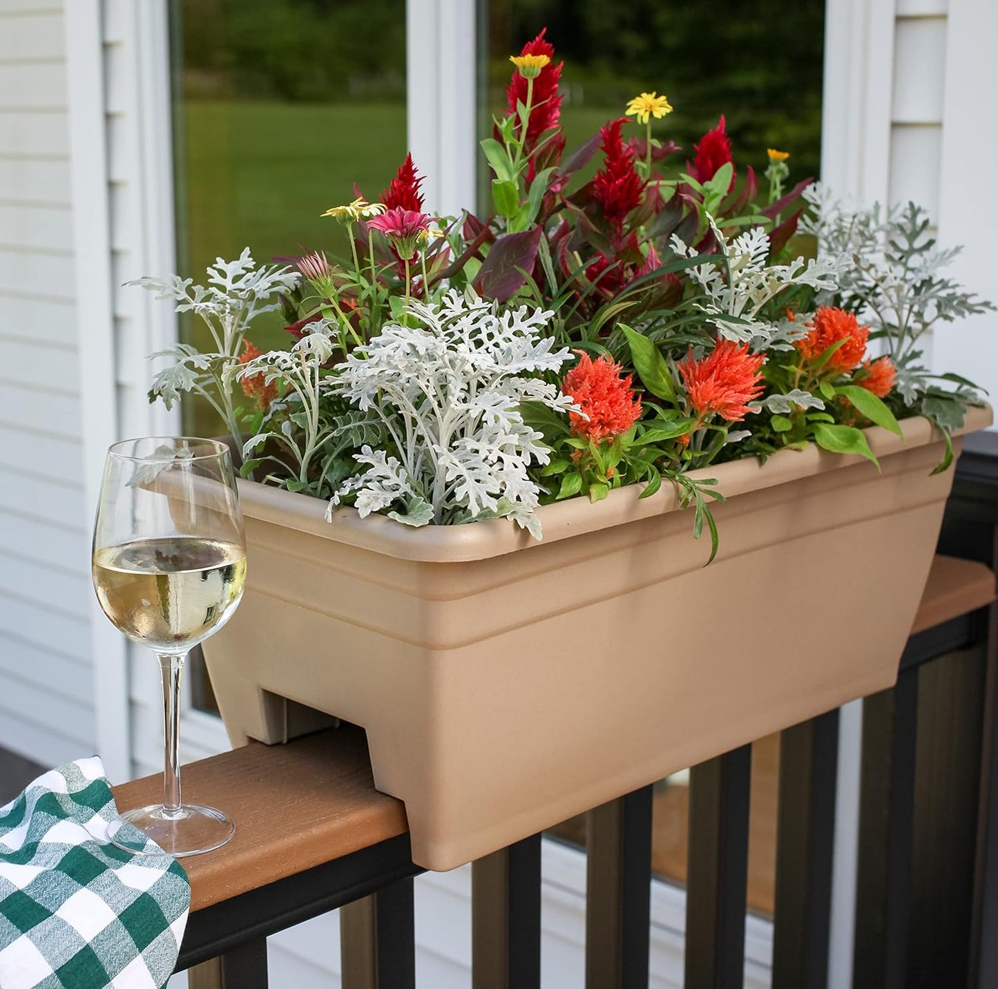 The HC Companies Deck Railing Planter Box w/Removable Drain Plugs - Lightweight & Weatherproof Plastic Flower Box - Balcony Planters for Railing and Fence (24”, Sandstone)