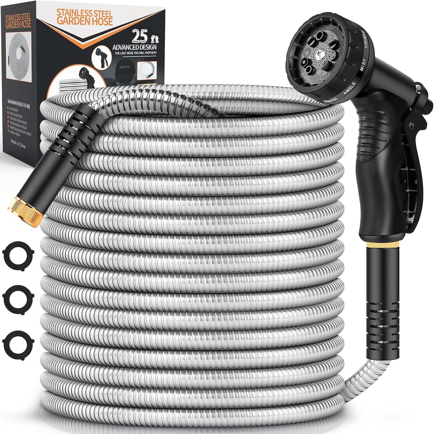 Garden Hose Metal 25FT, Stainless Steel Heavy Duty Water Hose With 10 Function Nozzle, No-Kink, Tough & Flexible, Sturdy and Lightweight, Rust Proof for Yard, Outdoor, RV