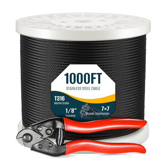 1000FT 1/8" Black T316 Stainless Steel Cable, 7x7 Strands Construction, Black Wire Rope Aircraft Cable for Indoor, Outdoor, Deck Fence Railing, and DIY Balustrades