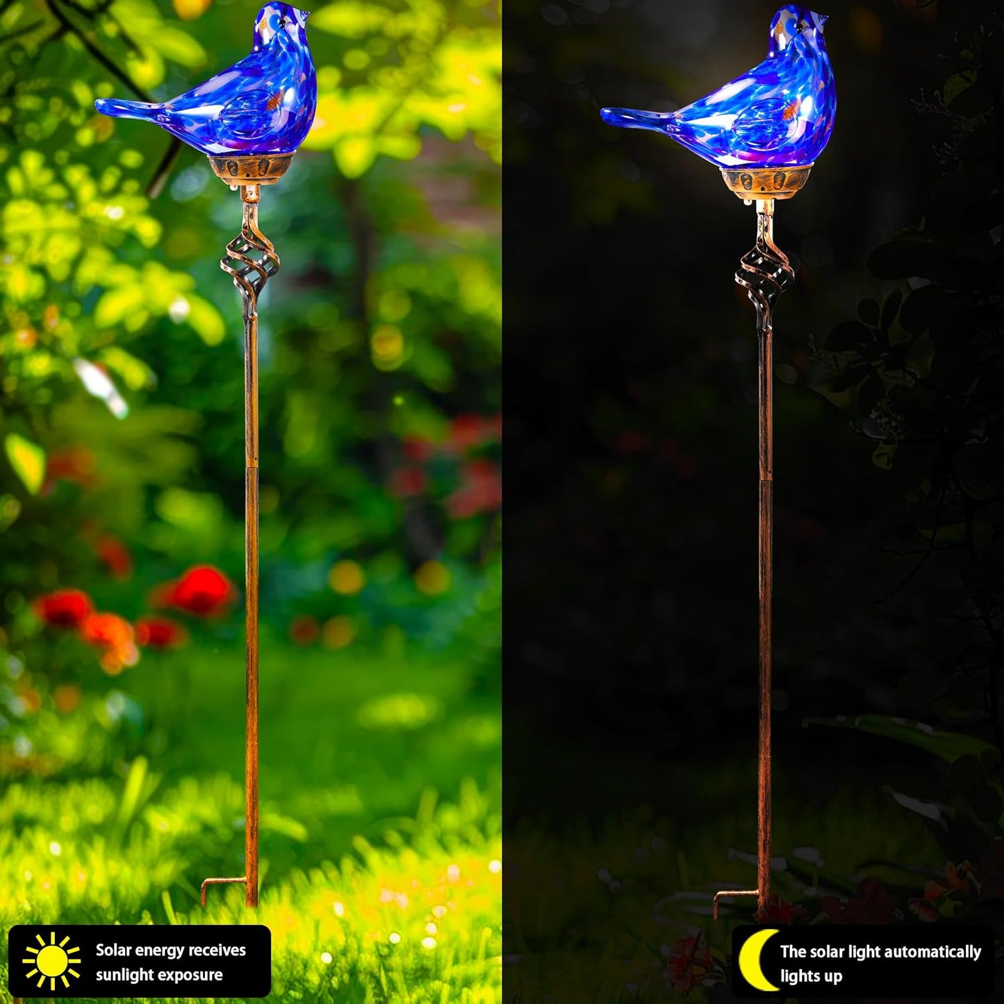 Decorative Solar Lights, Outdoor Solar Bird Stake Lights, Hand Blown Glass Decorative Garden Pathway Lights Outdoor Waterproof Glass Stakes (Dark Blue)