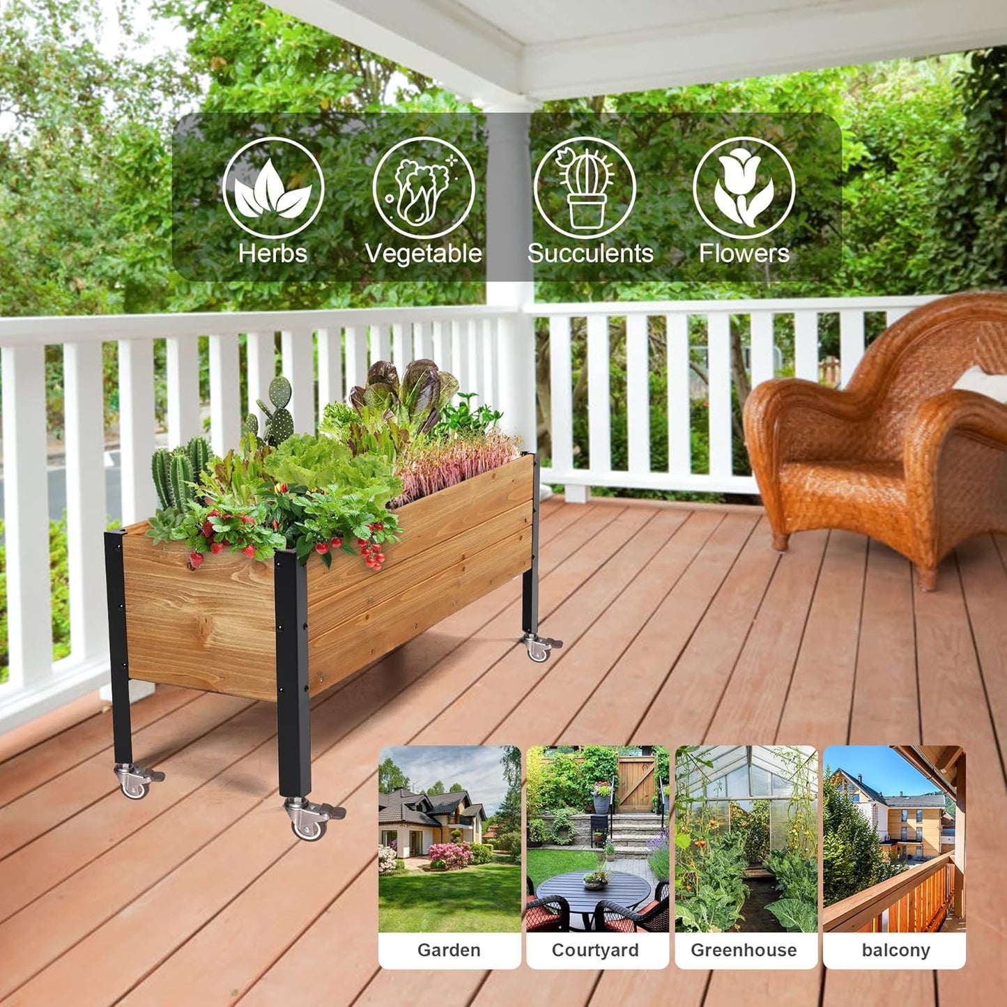 Wood Rectangular Garden Planter Box with Wheel Raised Garden Bed Outdoor,Planters for Outdoor Plants 37 * 13 * 15 Elevated Planter Box for Herbs Vegetables Flowers Outdoor Patio Deck Balcony