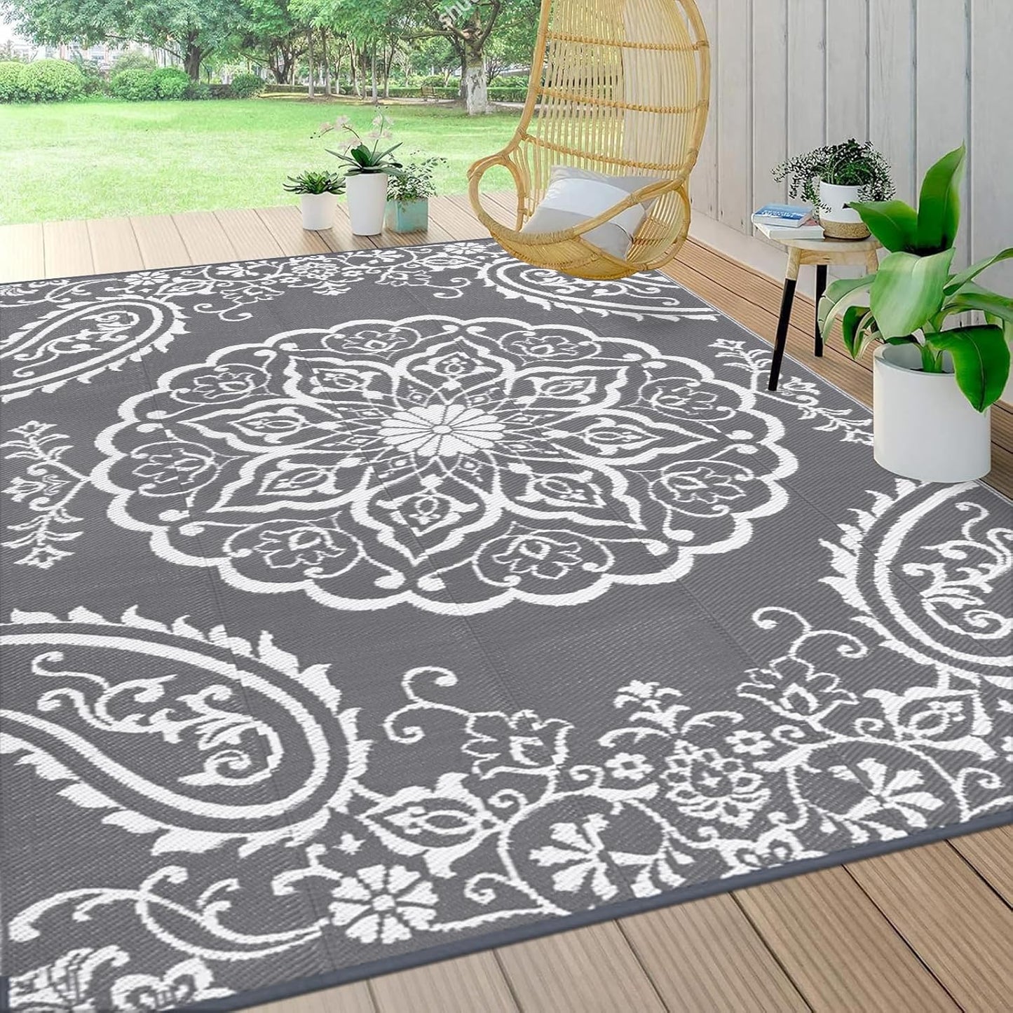 Pauwer Waterproof Outdoor Rug 9x12, Reversible Plastic Straw Patio Camping Rug, Indoor Outdoor RV Mat Carpet for Deck, Camper, Porch, Balcony, Backyard, Picnic, Boho Grey