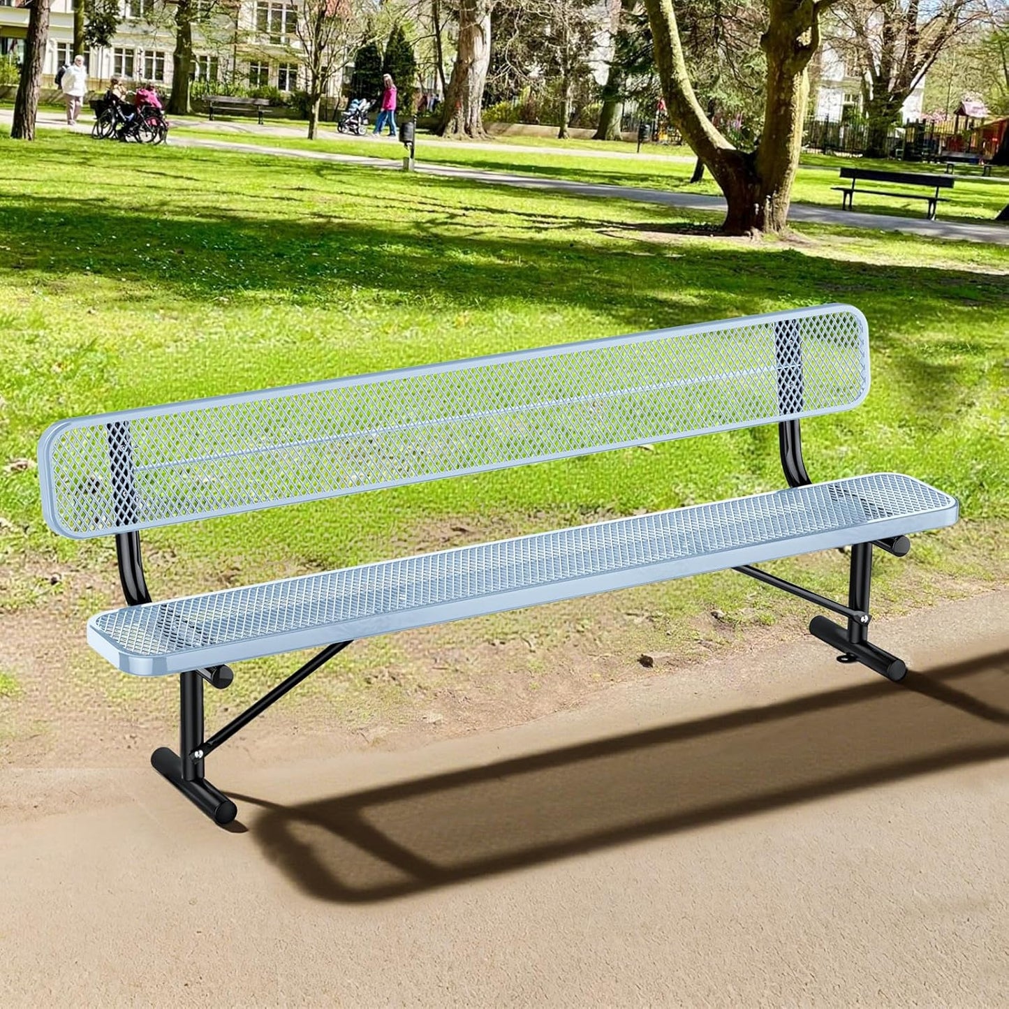 8Ft Heavy Duty Park Bench with Back Portable Frame, Outdoor Steel Bench with Backrest, Expanded Metal Mesh Bench for Lawn, Park, Deck, Garden, Patio, Porch, Grey