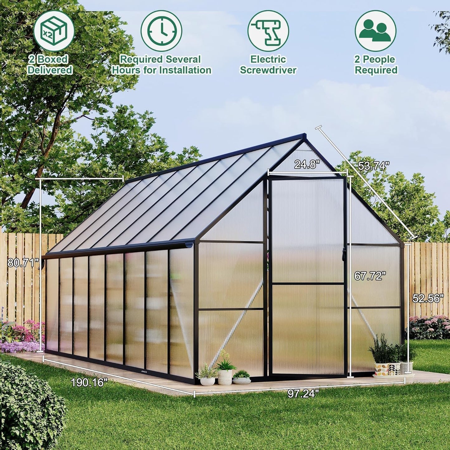 Greenhouse 8x16 FT Aluminum-Framed Heavy Duty Polycarbonate with Quick Setup Structure and Roof Vent Large Enhanced Outdoors Green House Kit