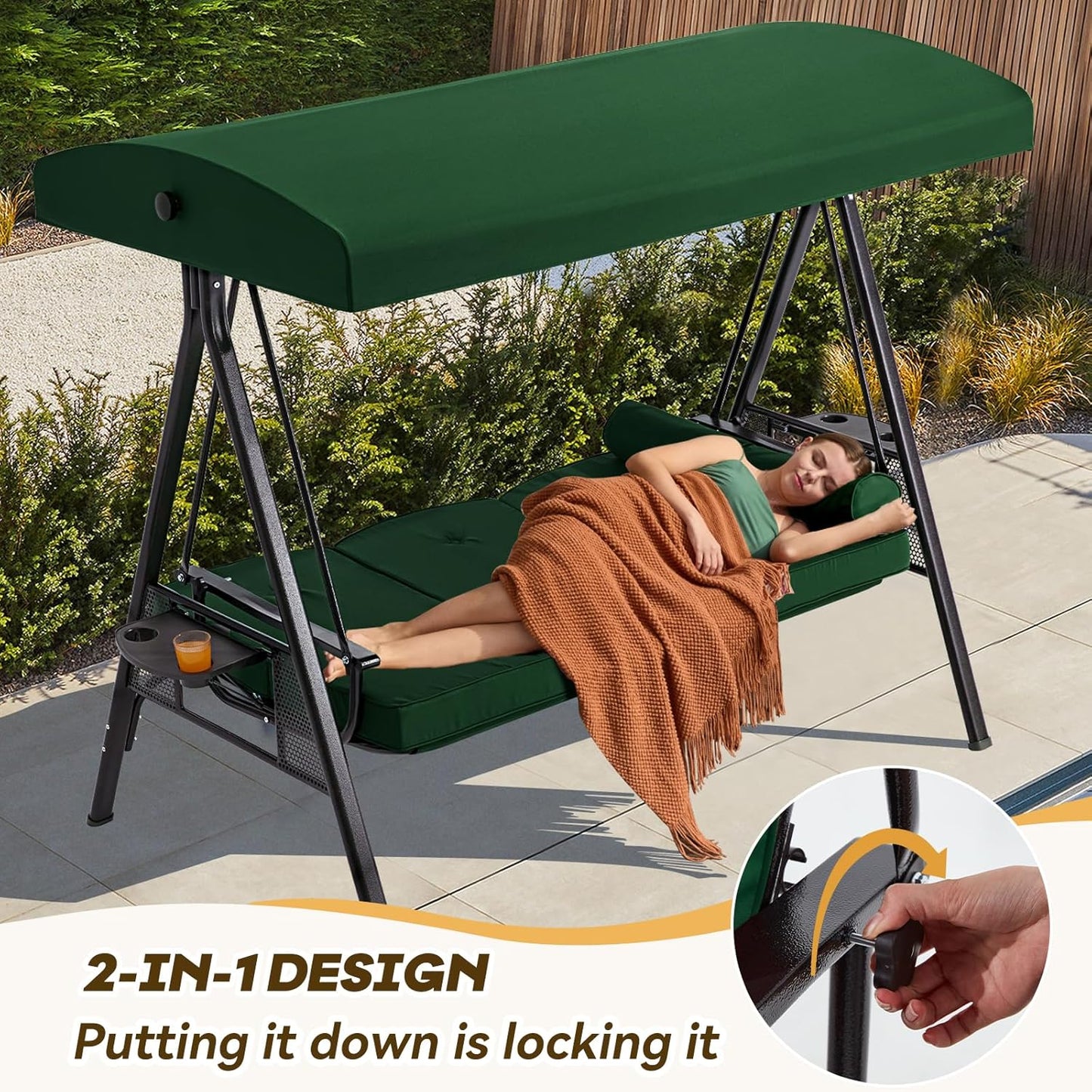 3 in 1 Outdoor Porch Swing with Canopy, 3 Seat Outdoor Swing for Adults, Patio Swing Chair with Thickened Cushions,Pillows & Cup Holders for Backyard, Porch, Garden (Green)