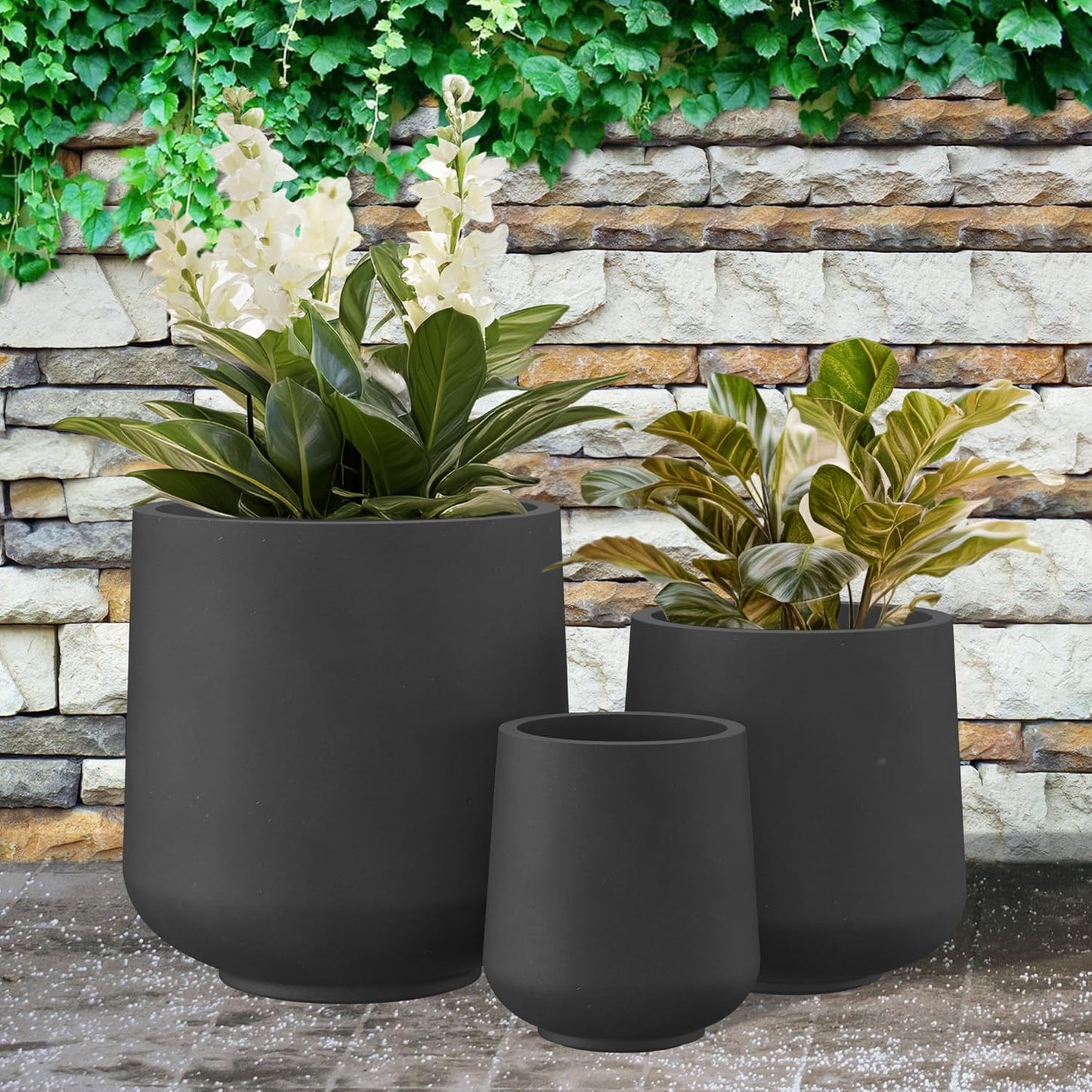 Kante 15.3"+11.6"+8.2" Dia Round Concrete Planter, Large Outdoor Indoor Planter Pots Containers with Drainage Holes and Rubber Plug for Home Garden Patio, Black