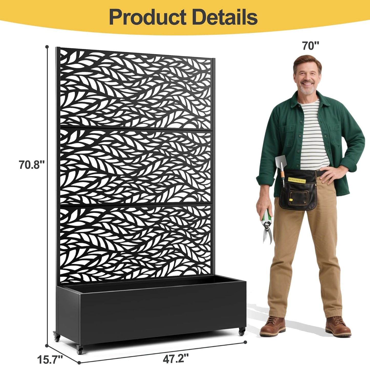 Raised Garden Bed with Trellis and Wheels,73"x47"x16" Metal Raised Garden Bed,Black Flowing Leaf Metal Planter with Climbing Trellis for Vines & Vegetables