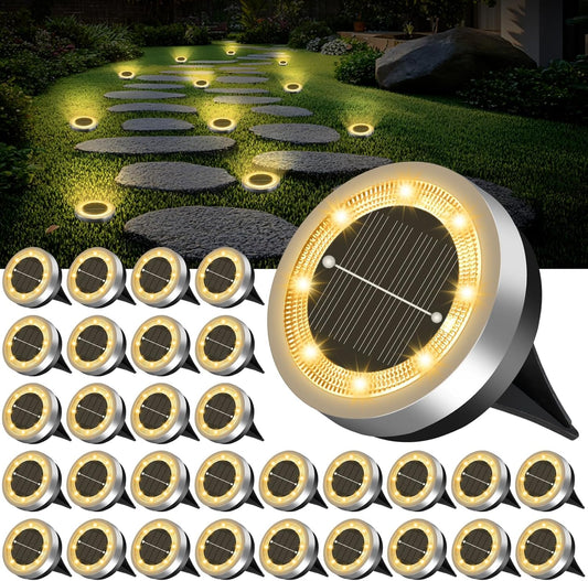 Mini Solar Ground Lights Outdoor 32 Pack Waterproof Upgraded Anti-Rust Solar Flat Garden Lights Stainless Steel Solor Powered Disc Landscape Light for Pathway Walkway Yard Lawn Patio-Warm White