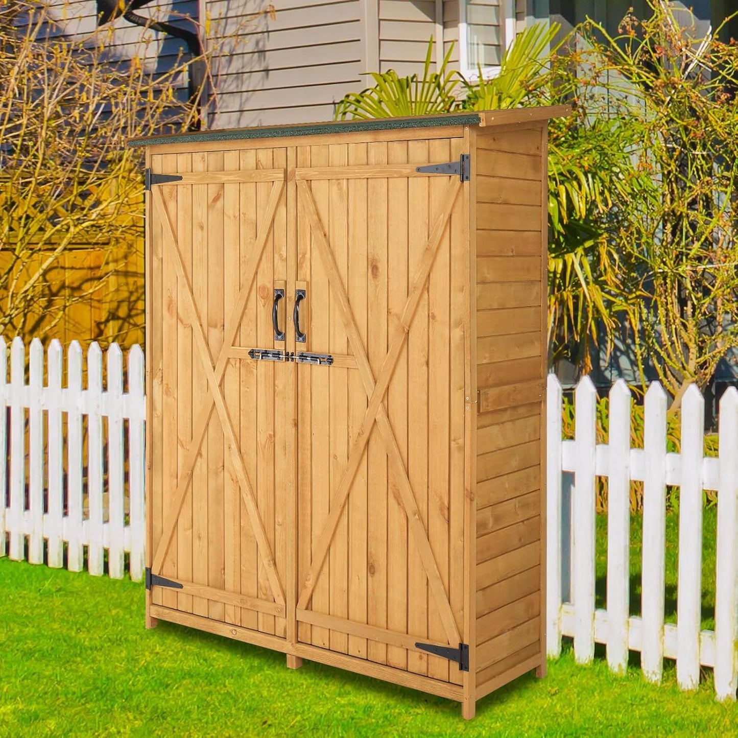 Outvita Outdoor Storage Cabinet with Waterproof Roof, Double Lockable Doors Garden Shed with 2 Removable Shelves, Wooden Storage Shed with Large Storage Space for Yard Garge Patio Deck Porch（Natural）