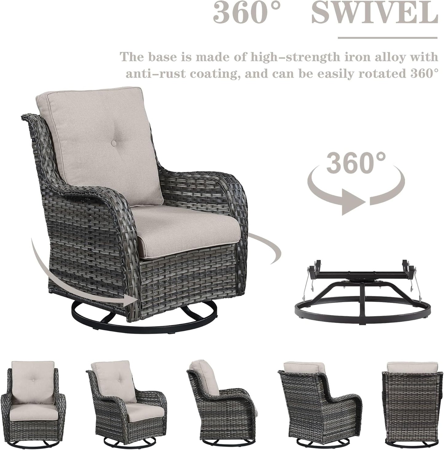 3 PCS Patio Furniture Set - Mixed Grey Wicker Swivel Rocking Chairs with Side Table, Furniture Set for Outdoor