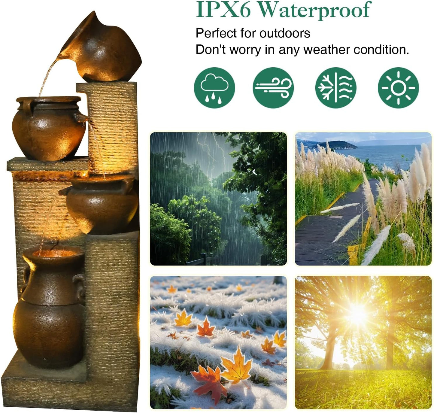 53" H Patio Water Fountain-The 4 Cascading Modern Feature Crocks Garden Fountains and Waterfalls with Warm Lights for Porch, Deck, Patio, Backyard Home Décor (Gold)