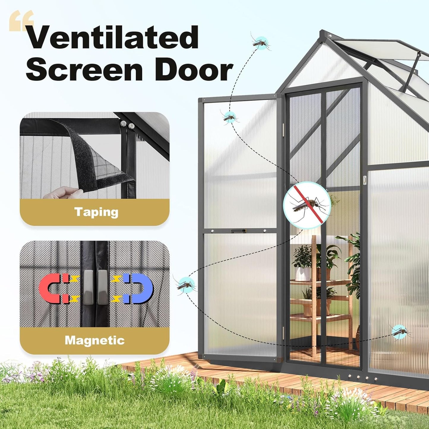 KING BIRD Greenhouse for Outdoors, 4x6 FT Polycarbonate Walk-in Green House, Quick-Setup Aluminum Frame UV Resistant Panel for Outside Garden Backyard W/ Lockable Screen Door, Vent, Black