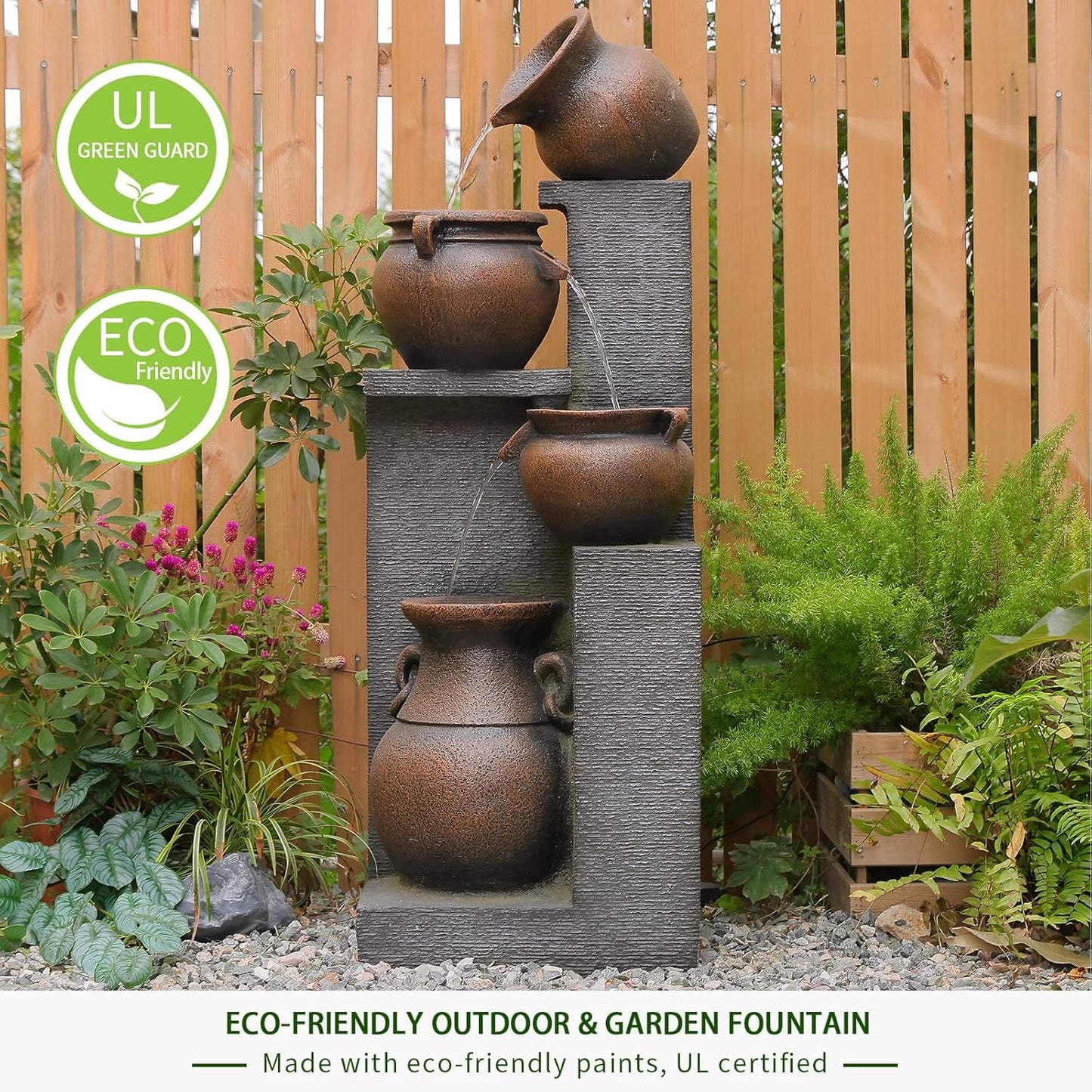 53" H Large Outdoor Water Fountain with Lights - 4 Tiered Cascading Bowls Waterfall Fountain for Garden, Patio, Backyard, Porch Inside - Freestanding Outdoor Water Feature Gold