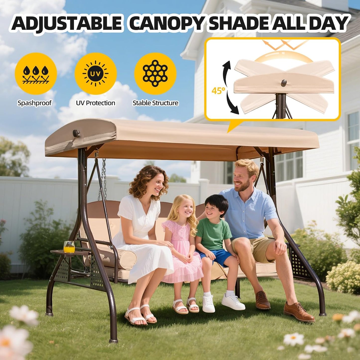 3-seat Patio Swing with Canopy,Convertible Outdoor Swing Bed with Thick Cushions, Pillows & Cup Holders, 3-Seat Outdoor Swings Chair for Backyard, Garden, Deck(Khaki)