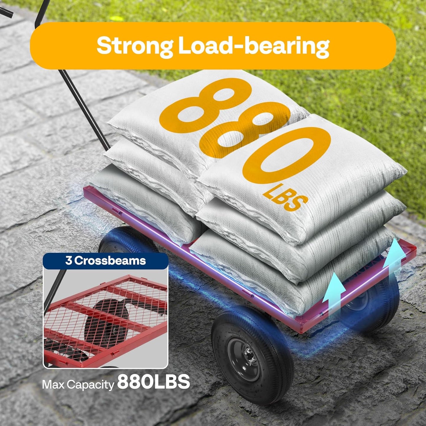 VIVOHOME Heavy Duty 880 Lbs Capacity Mesh Steel Garden Cart Folding Utility Wagon with Removable Sides and 4.10/3.50-4" Wheels 10 inch Tire(Red)