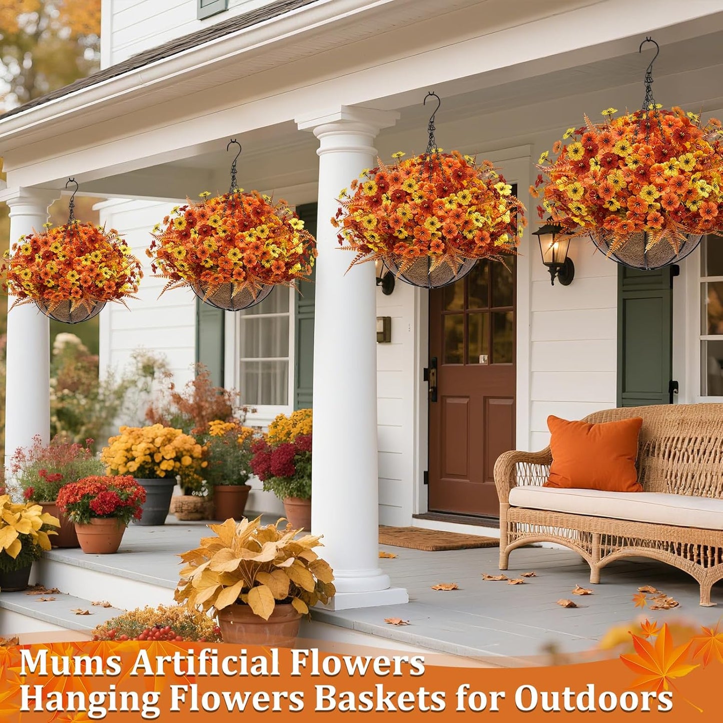 Artificial Fake Hanging Baskets Fall Flowers for Outdoors Decoration, 189 Silk Mums & 54 Boston Ferns UV Resistant Look Real Faux Plants for Outside Yard Patio Porch Garden Balcony Home Autumn Decor