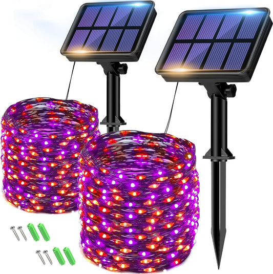 btfarm 2 Pack Solar Halloween String Lights Outdoor, Orange Purple 160LED 66FT Solar Fairy Lights Outside Waterproof, 8 Modes Solar Powered Twinkle Lights for Tree Garden Patio Halloween Decorations