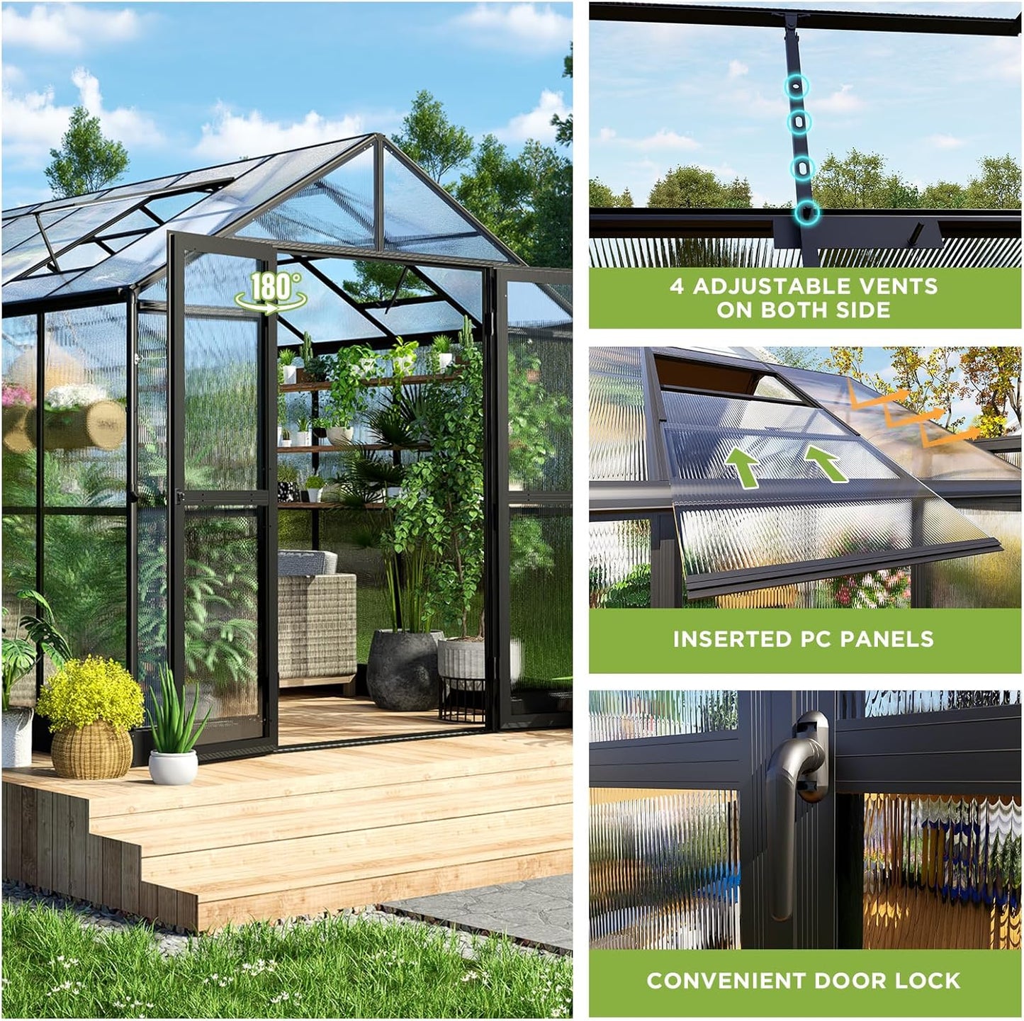 HOWE 8x10x7.5 FT Polycarbonate Greenhouse Double Swing Doors 2 Vents 5.2FT Added Wall Height, Walk-in Large Aluminum Greenhouse Sunroom Winter Greenhouse for Outdoors, Black (54FG-5)