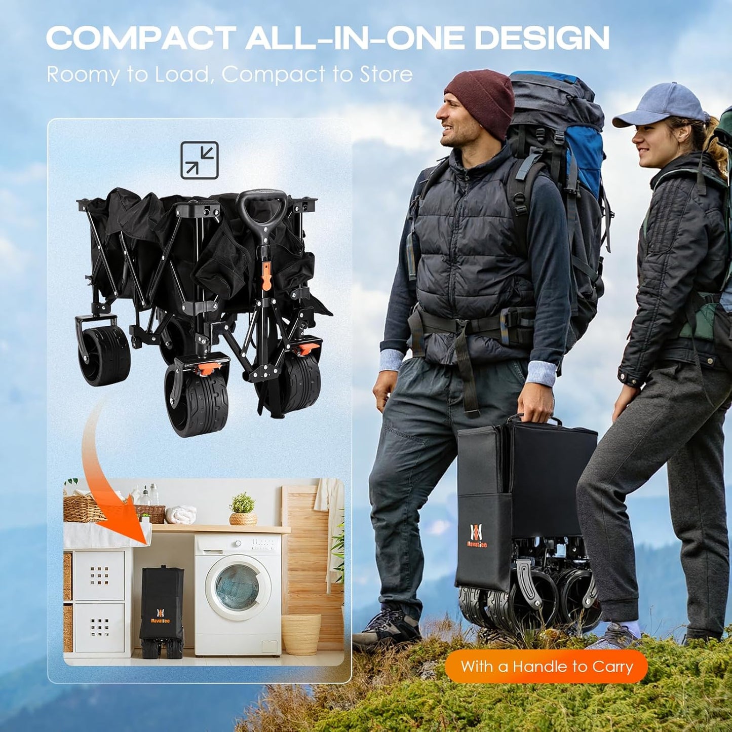 Navatiee Big Wheels Collapsible Wagon Cart Foldable, Heavy Duty Beach Wagon with Silent All-Terrain Wheels, Folding Utility Grocery Cart with Side Pocket and Brakes for Camping Garden Sports, Black