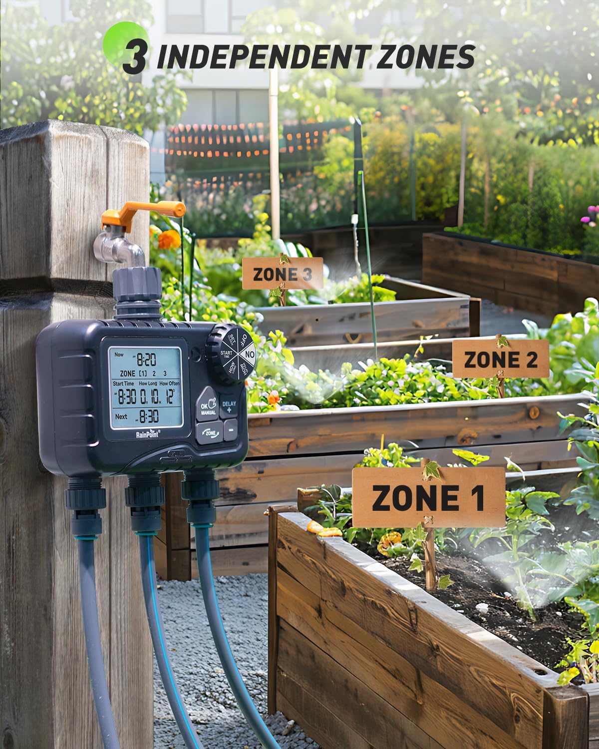 RAINPOINT Sprinkler Timer 3 Zone, Programmable Water Timer for Garden Hose,Hose Faucet Timer, Hose Timers for Watering with Automatic/Manual/Rain Delay/Watering Mode, IP65 Waterproof, Large LCD