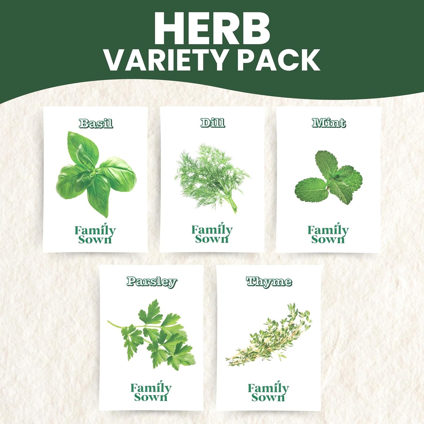 Herb Seeds | 5 Invidiual Packs | 2025 Season | Non-GMO | Basil, Dill, Mint, Parsley & Thyme! | for Planting Indoor & Outdoor | by Family Sown