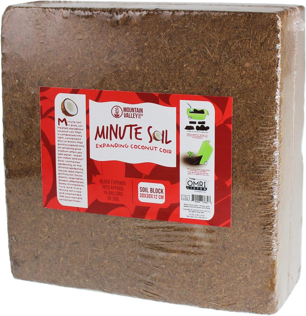 Mountain Valley Seed Company Minute Soil - Compressed Coco Coir Brick, Fiber Grow Medium, Potting Soil Indoor & Outdoor Plants, 1 Block = 15 Gal, Peat Free, OMRI Organic