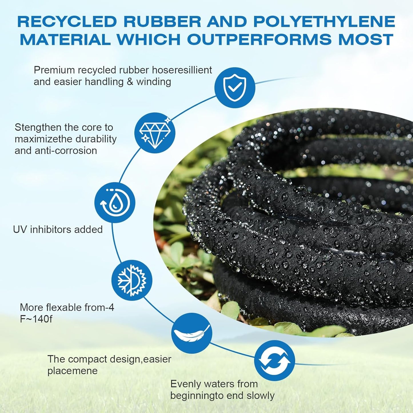 Soaker Hose 50FT Heavy Duty Rubber Saves 75% Water End Cap Included for Additional Hose Connect Great for Gardens/Flower Beds