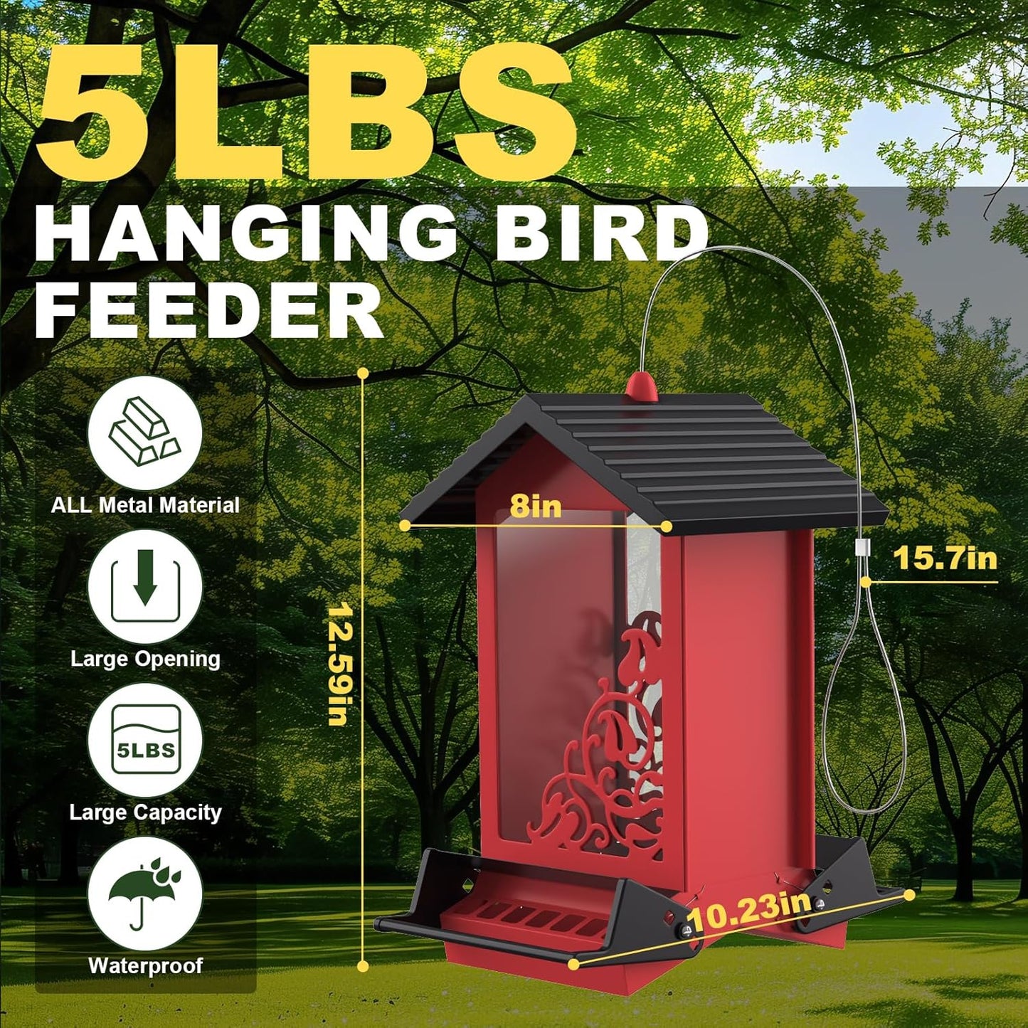 Squirrel Proof Bird Feeder for Outdoor Hanging,Metal Bird Seed Feeder with Bilateral Weight Activated Perches,5LB Large Capacity Wild Bird Feeders for Outside,Easy Refill and Clean,Red
