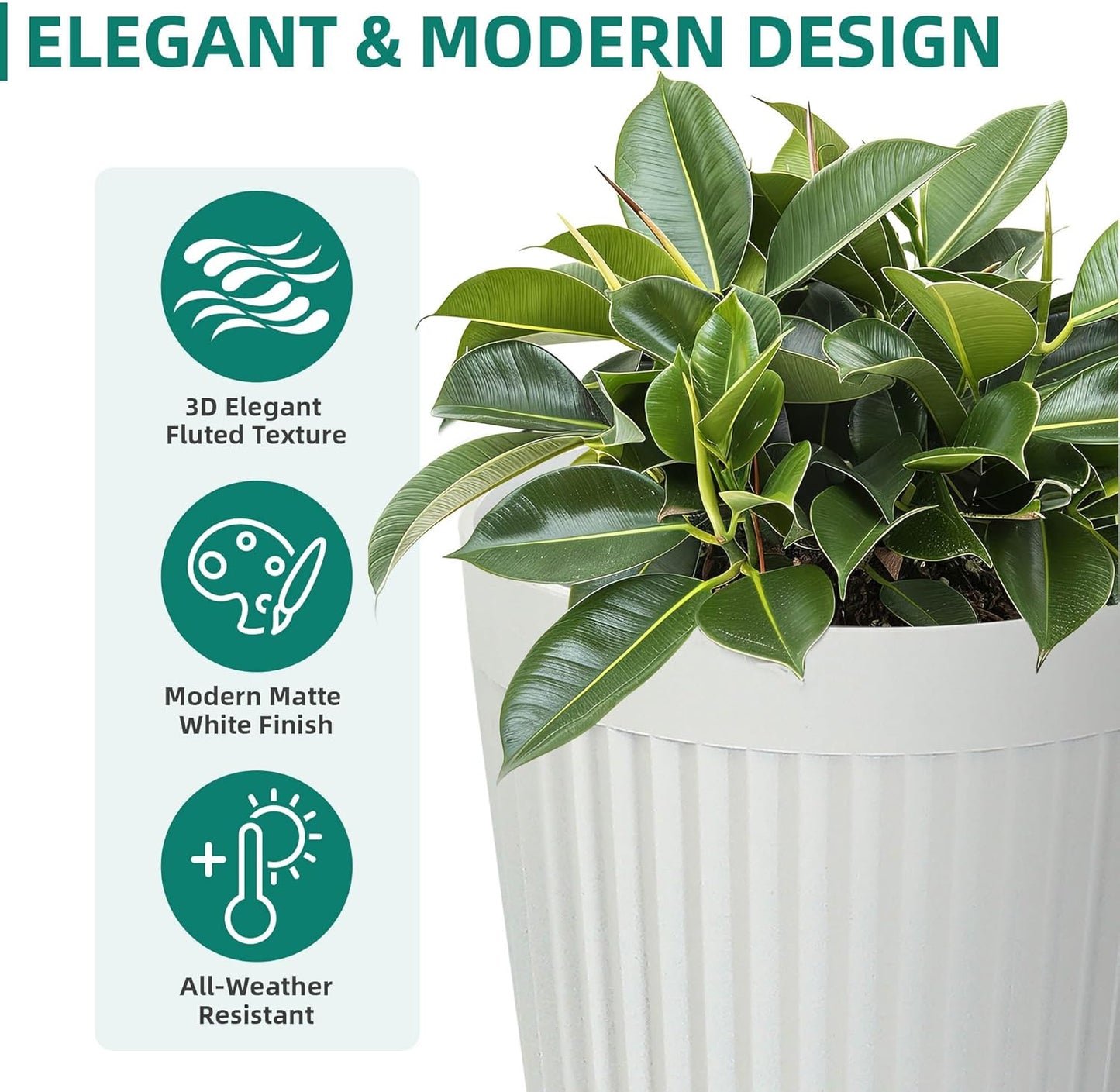 20" Resin Tall Planters for Outdoor Plants,Set of 2 Matt White Large Flower Pots with Handmade Fluted Texture,Heavy-Duty and Weather-Resistant for Year Round Indoor Outdoor use