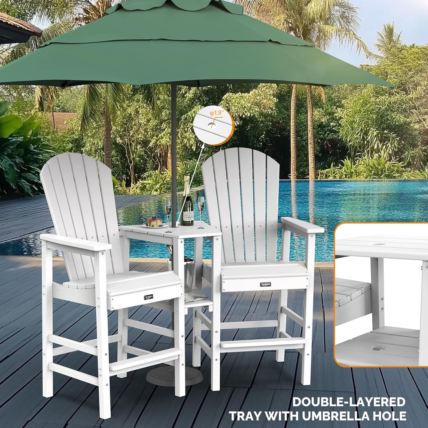 VINGLI Tall Adirondack Chairs Set of 2, HDPE Balcony Chair with Double Connecting Tray Weather Resistant Outdoor Bar Stools for Patio Deck Lawn Pool Backyard (White)