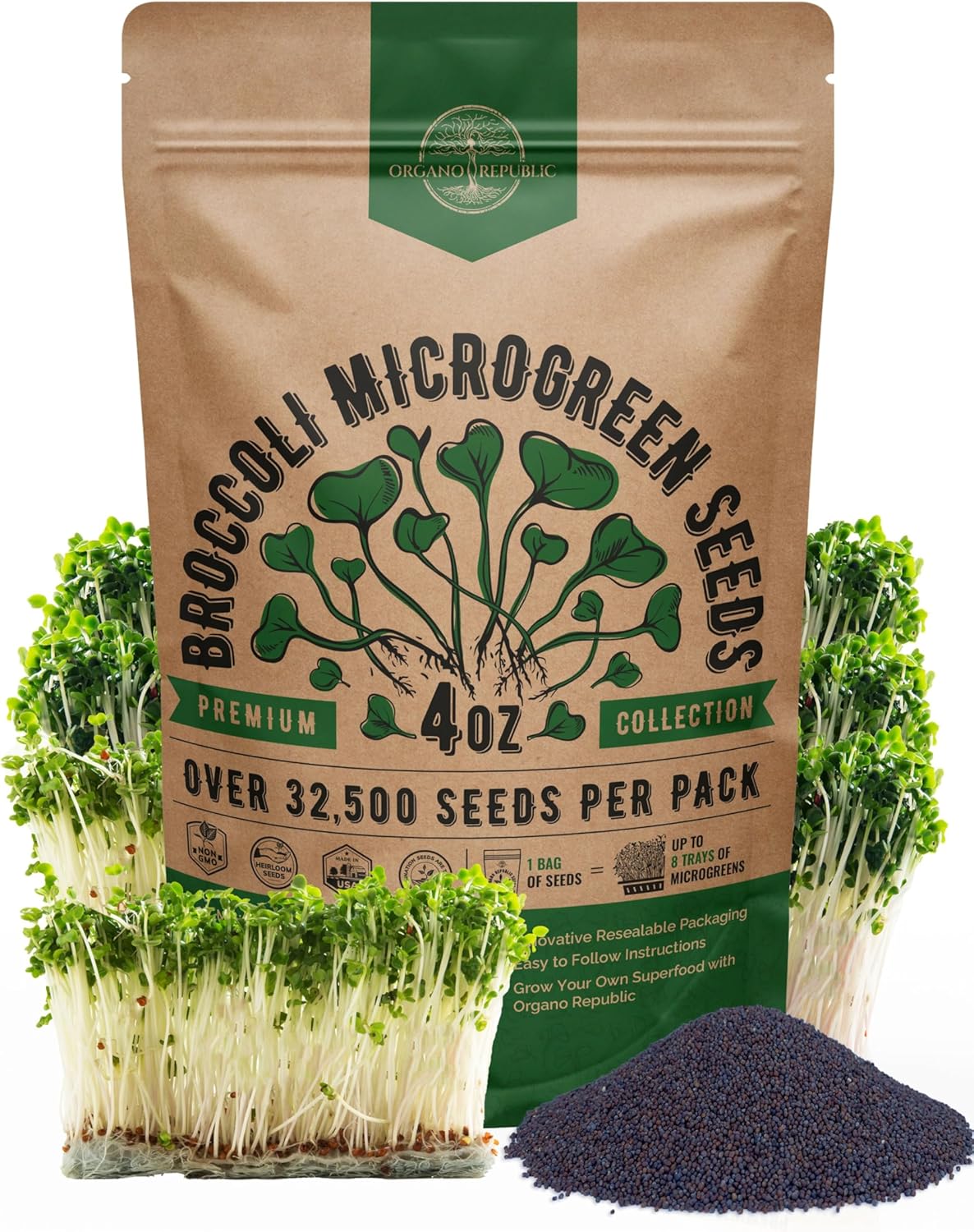 Organo Republic Broccoli Sprouting & Microgreens Seeds - 32,500 Non-GMO Heirloom Seeds, Sprouts in Bulk 4oz Resealable Bag for Planting & Growing in Soil, Coconut Coir, Aeroponic & Hydroponic System