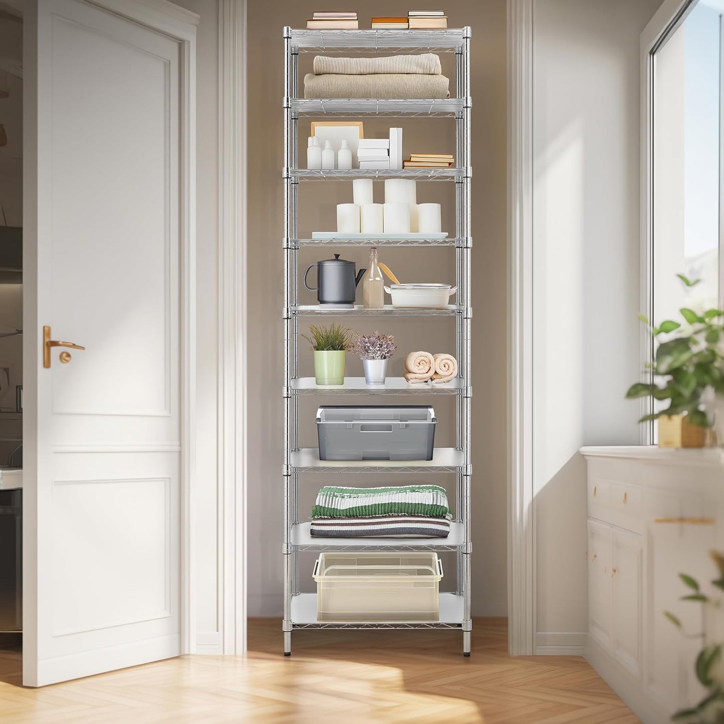 Finnhomy 9-Tier Wire Shelving Unit Adjustable Steel Wire Rack Shelving, 81 Inches Height 9 Shelves Metal Storage Rack, Pantry Shelves for Storage with PE mat, NSF Certified, Chrome