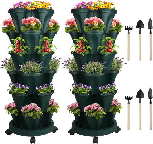 Vertical Planter 6 Tier Stackable Planters Garden Planters Strawberry Herb Flower and Vegetable Planter Indoor Outdoor Gardening Pots with Removable Wheels and Tools 2-Pack