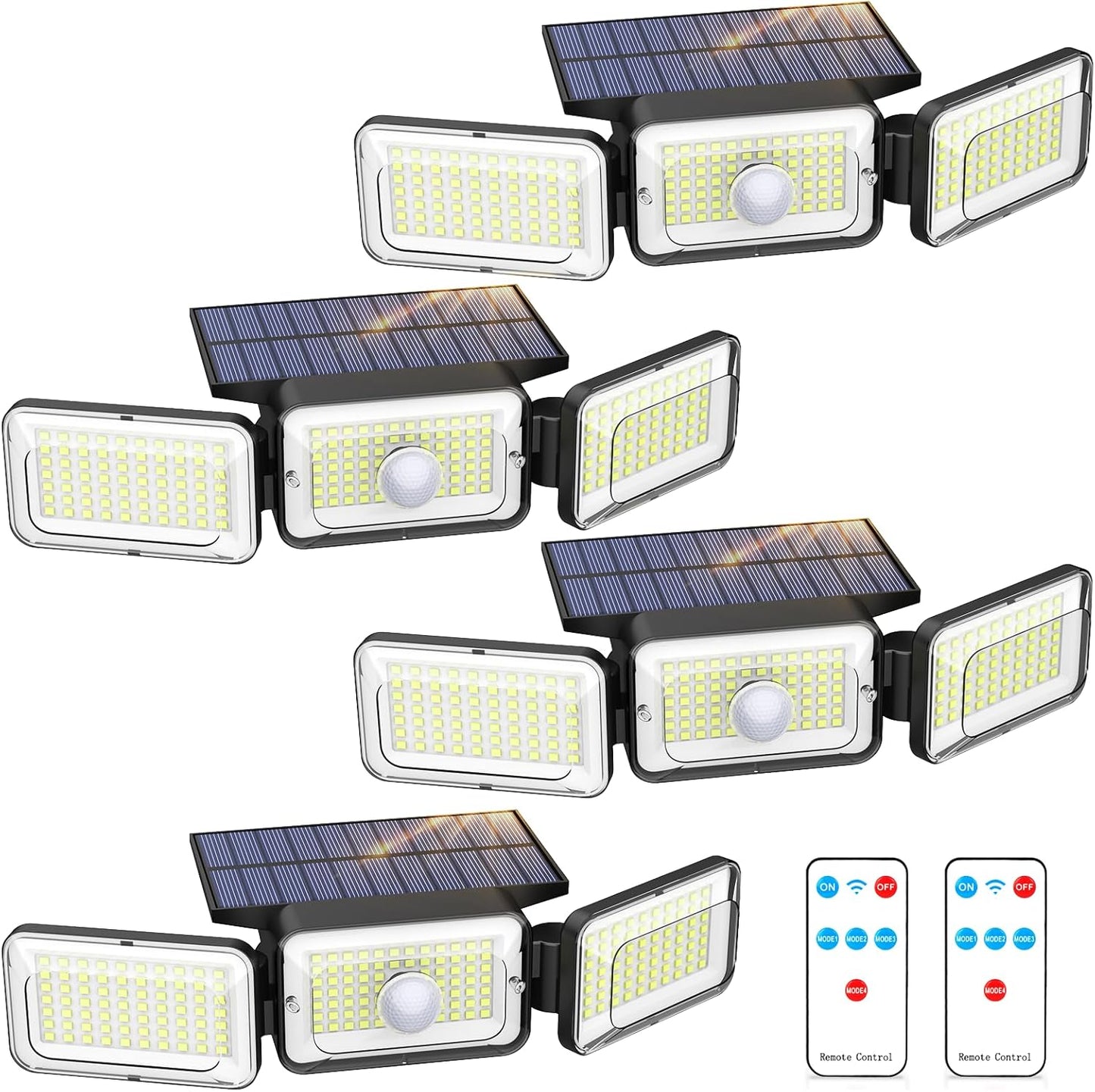 Solar Lights Outdoor Waterproof, Motion Sensor & Flood Outdoor Lights with Remote Control, 4 Adjustable Modes, 3000LM & 218 LED, High-Energy-Density Solar Panel-Monocrystalline Technology, 4 Pack