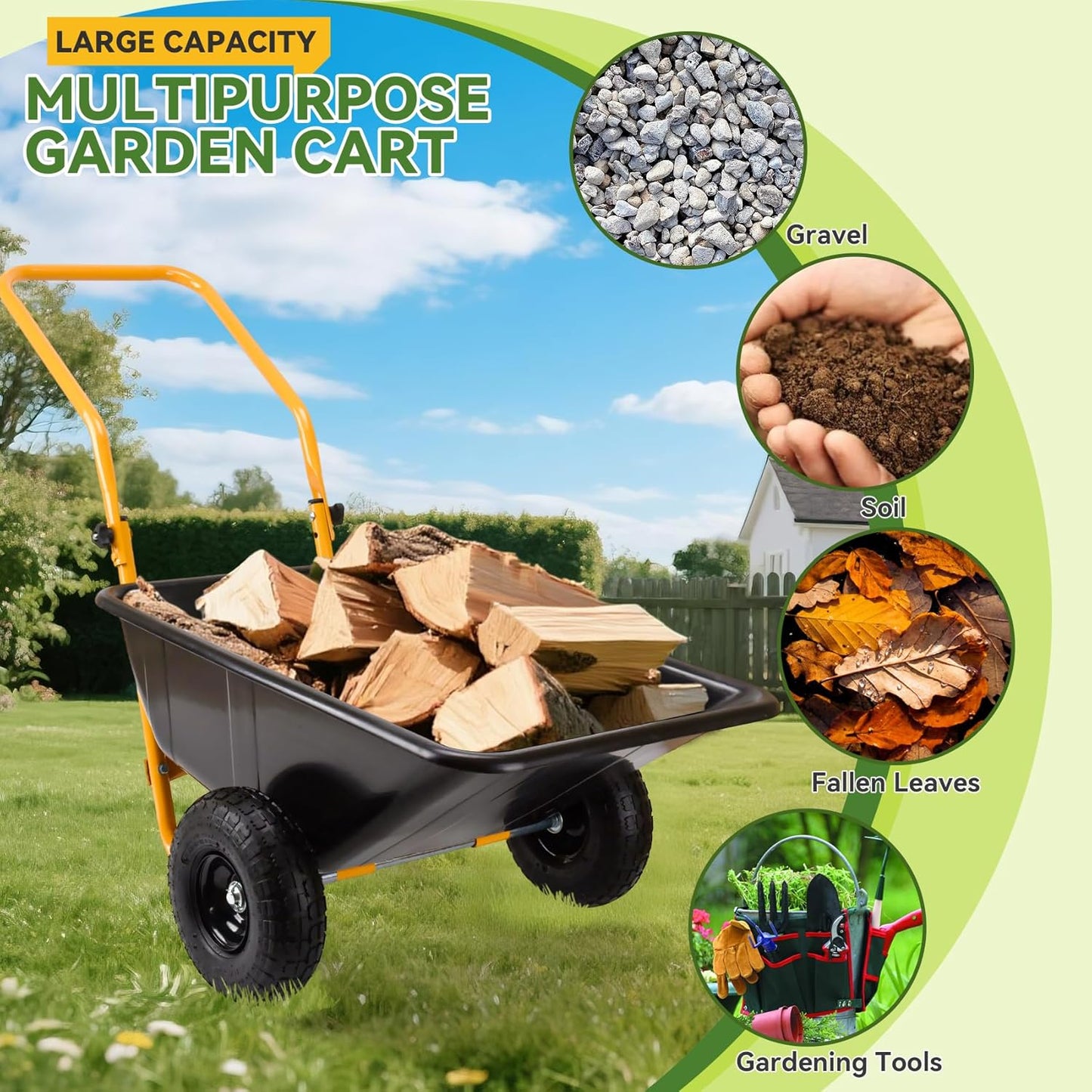 Folding Dual-Wheel Wheelbarrow,Heavy-Duty 330 LB Garden cart,10-inch Air-Filled Tires,Home Garden Yard Utility for Outdoor Lawn Yard Farm Ranch(Black)