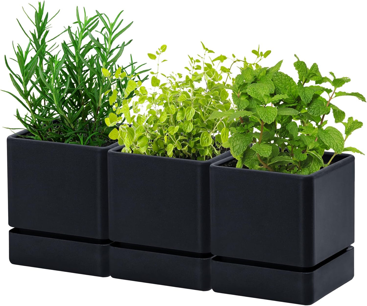 4 Inch Herb Planter Pot, Plastic Planter with Drainage Holes and Saucer, Modern Decorative Gardening Pot for Indoor Plants, Flowers, Herbs, Succulents, Black, Set of 3, 76-Y-B-3