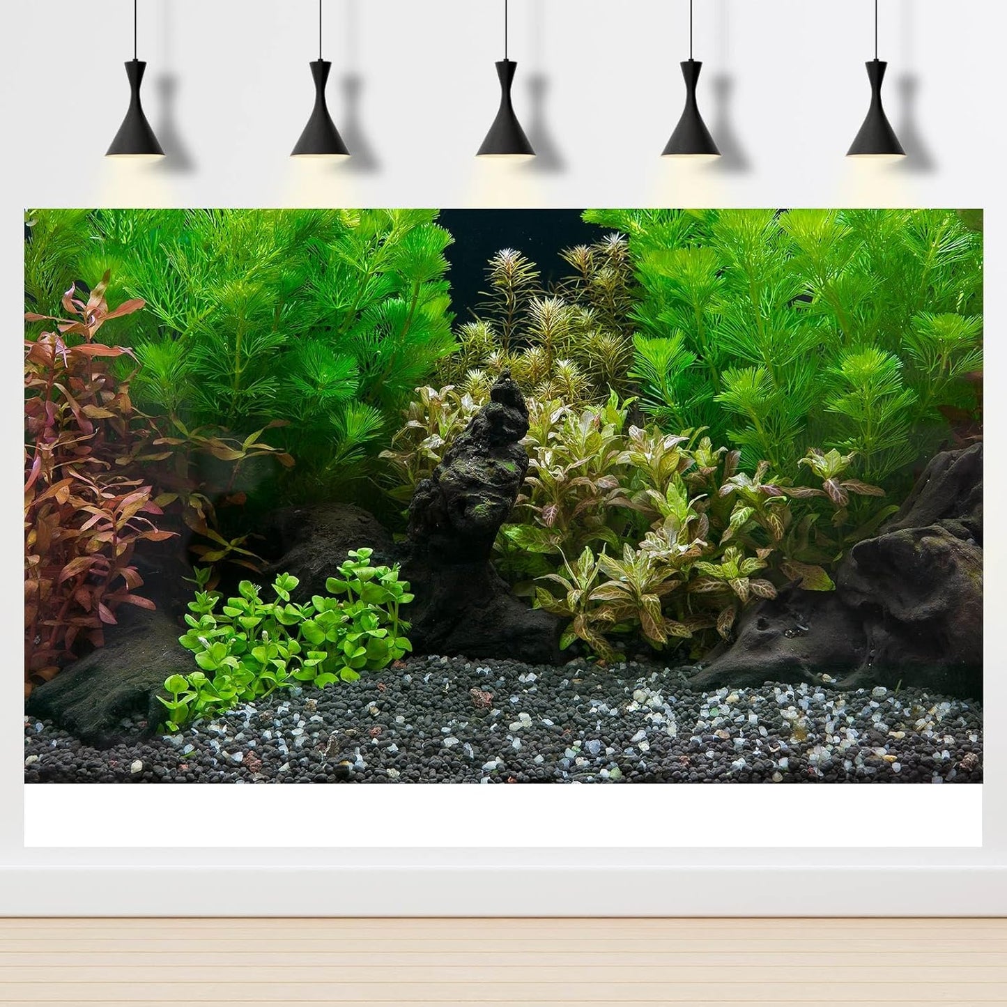 Aquarium Background Exquisite Underwater Grass Leaves with Pebbles Aquarium Backdrop Vivid Green Aquatic Plant Stone with Dead Woods and Fresh Leaves Fish Tank Wallpaper 72x24in