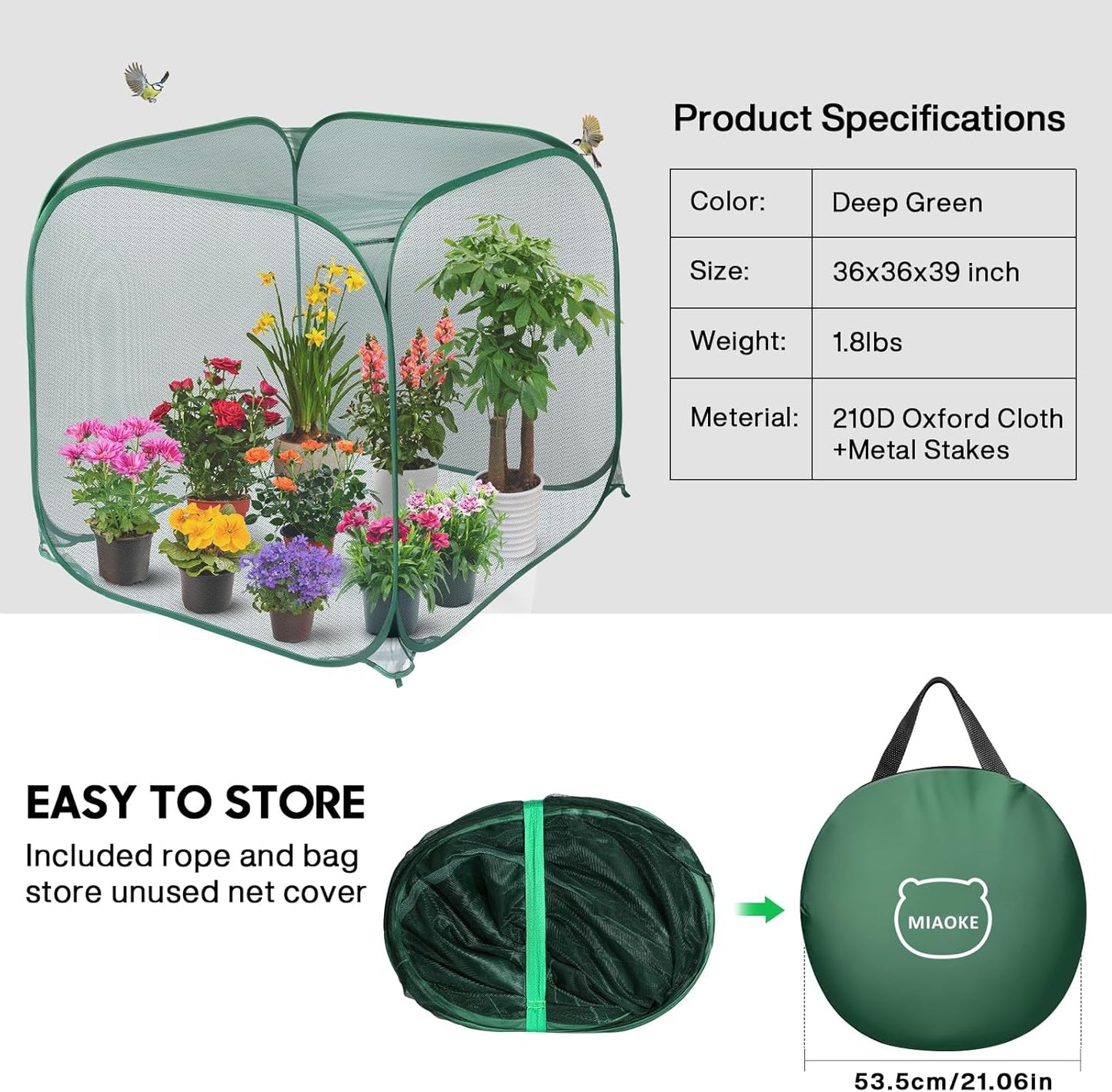 MIAOKE Pop Up Mesh Plant Cover, 35.4x35.4x38.2 Inch No Build Garden Netting Protection Against Insects, Raised Bed Cover for Barrier Against Insects for Vegetable Plant Fruit Animals