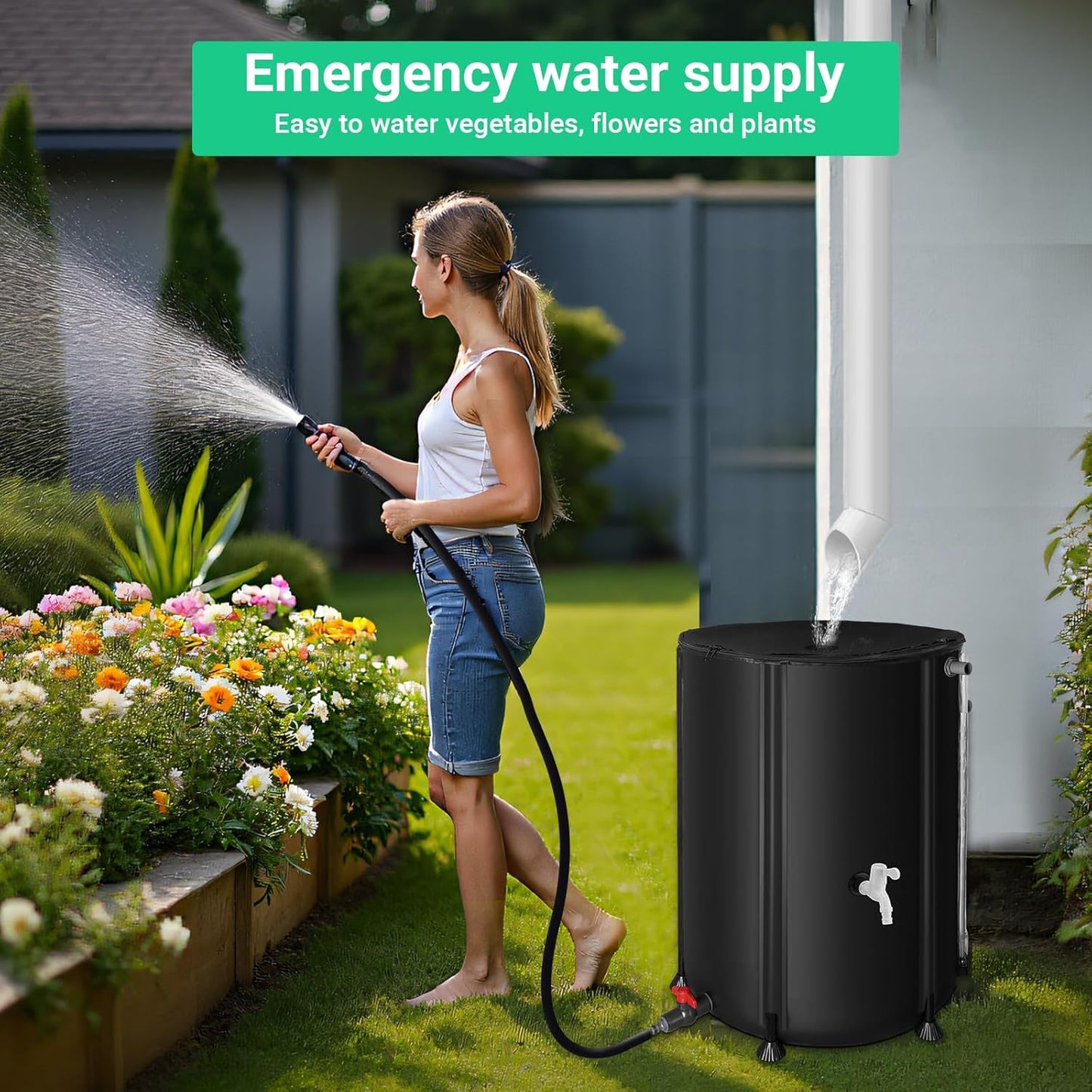 50 Gallon / 200L Rain Barrel, Collapsible Rain Barrels to Collect Rainwater from Gutter with Spigots and Overflow, 500D PVC Portable Rain Water Collection Catching System, Water Catcher Tank