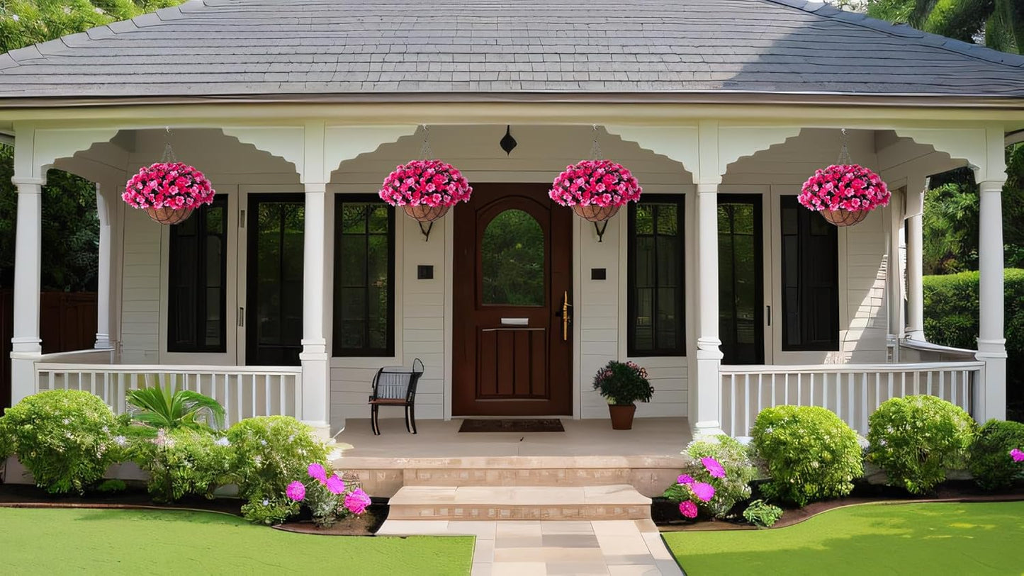 Artificial Hanging Flowers with 12" Basket for Outdoor Decor, Fake Hydrangea UV Resistant Arrangements in Pot Indoor Porch Garden Yard Spring Summer Decor(Double Rose)