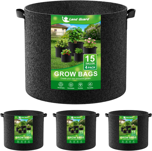 Land Guard 4-Pack Fabric Grow Bags 15 Gallon, Thickened Nonwoven Garden Pots, Growing Bags with Handles, Black