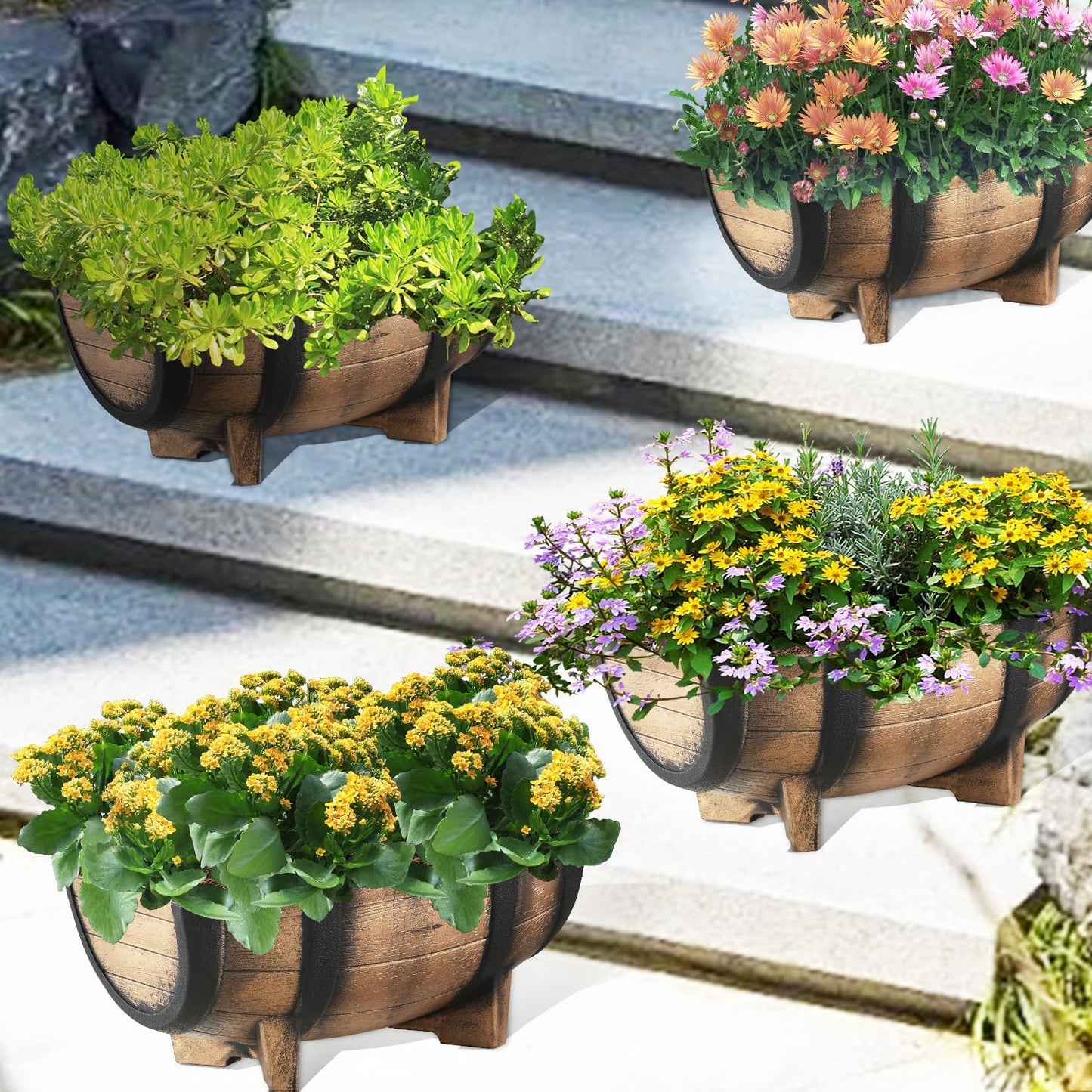 YI 2 Pack Rustic Half Barrel Planters, 16.34x11.81x7.28 Inches Plastic Weather Resistant Plant Flower Pot Indoor & Outdoor Garden Planter