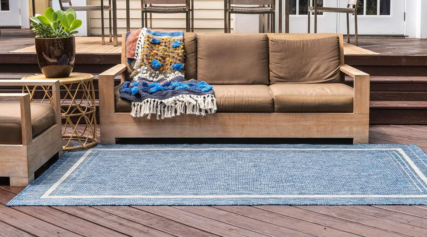 Unique Loom Outdoor Border Collection Area Rug - Soft Border (6' 1" x 9' Rectangle, Blue/ Ivory)